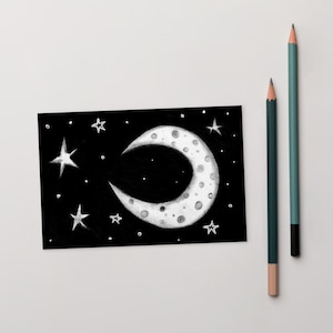 4x6 IMPRESSÃO DE ARTE CARTÃO POSTAL Lua Crescente Estrelas Espaço Sideral Paisagem Espacial Inauguração de Casa Outsider Folk Céu Noturno Cartão de Aniversário Presente Caprichoso