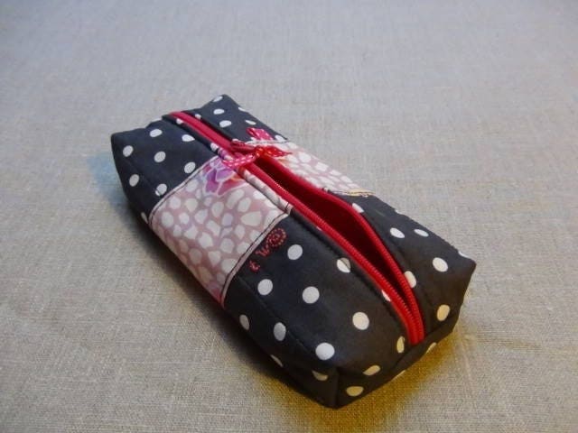 Trousse d'écolier Rectangulaire, en Coton Rose et Gris.