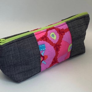 School pencil case in denim-colored cotton and pink floral fabric