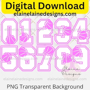 Pode incluir: Download digital de números cor-de-rosa com tema de basquete de 0 a 9. Cada número é delineado em rosa com um gráfico de basquete. O texto "elainelainedesigns.com" aparece várias vezes. As palavras "Digital Download" e "PNG Transparent Background" também são visíveis.