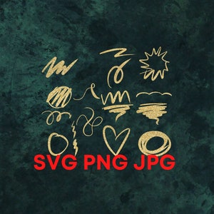 May include: A collection of gold glitter brushstrokes and shapes on a dark green background. The text "SVG PNG JPG" is written in red at the bottom of the image.