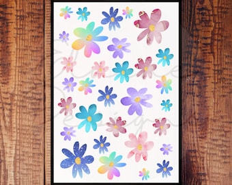 May include: A print featuring a collection of watercolor flowers in various colors, including blue, pink, purple, and yellow. The flowers are arranged on a white background, with the website address elainelainedesigns.com at the top.