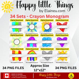 Può includere: Un set di download digitale di 34 file PNG con monogrammi a pastello e sfondi trasparenti. La collezione presenta varie forme colorate con texture a pastello, inclusi cuori, cerchi e arcobaleni, ciascuno con una linea orizzontale per il testo. Dimensioni 30,48 cm x 30,48 cm.