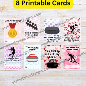 May include: Digital download of 8 printable cards with winter sports themes. Each card features a different sport, such as curling, skiing, and ice hockey, with a Valentine's Day message. The cards are in pink, red, and purple.