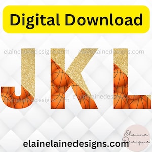 Puede incluir: Gráfico de descarga digital con las letras J, K y L. Las letras J y L están rellenas de balones de baloncesto, mientras que la letra K tiene una textura de purpurina dorada. Las palabras "Descarga digital" están en negro sobre un fondo amarillo.