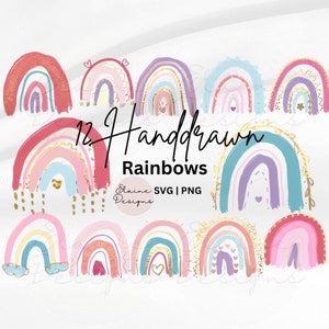 Könnte beinhalten: Zwölf handgezeichnete Regenbogen-Illustrationen in verschiedenen Farben mit goldenen Akzenten. Die Regenbögen sind in verschiedenen Stilen gehalten und haben verschiedene Details wie Herzen, Punkte und Sterne.