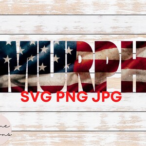 May include: The word "MURPH" is spelled out in large, bold letters. The letters are filled with an image of an American flag. The text "SVG PNG JPG" is written in red below the word "MURPH".