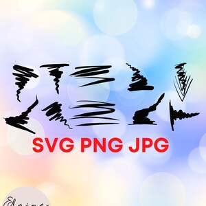 May include: A set of 10 black brush stroke graphics in various shapes and sizes. The graphics are on a blurred background of pastel colours. The text "SVG PNG JPG" is below the graphics.