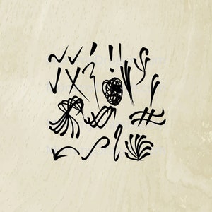 May include: A collection of black ink doodles on a beige background. The doodles include swirls, squiggles, lines, and arrows.