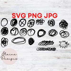 Puede incluir: Un conjunto de 20 formas de garabatos dibujados a mano en blanco y negro, que incluyen círculos, espirales y estrellas. Los garabatos están sobre un fondo de madera blanca. SVG PNG JPG