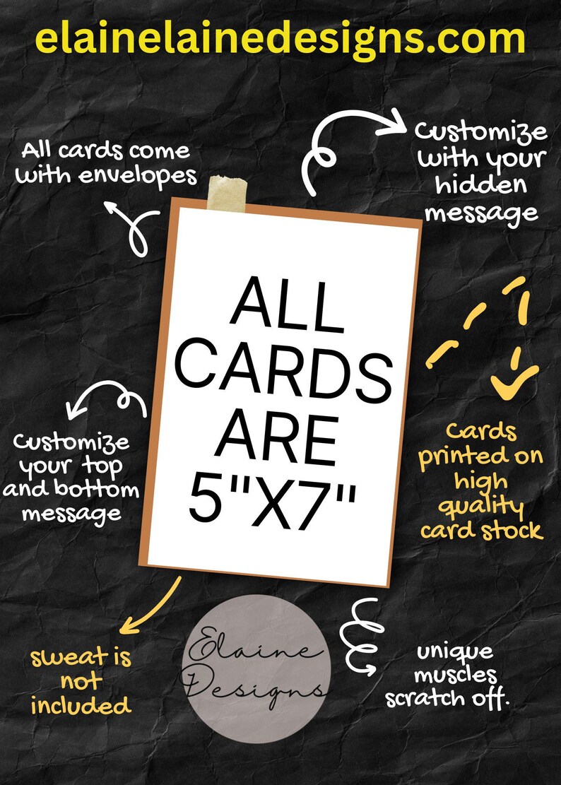 Gold muscles scratch-off card for CrossFit and Hyrox athletes — 5x7 premium cardstock greeting with scratchable gold muscles that reveals a hidden message; customizable top, hidden and bottom phrases; includes envelope and free sticker.
