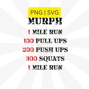 May include: A black and white graphic design with the text "MURPH" and the workout routine: 1 mile run, 100 pull ups, 200 push ups, 300 squats, 1 mile run. The text is in a distressed font style. The graphic is labeled "PNG | SVG".