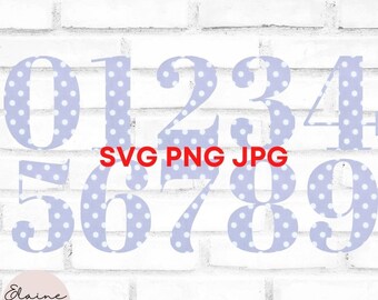 Puede incluir: Un conjunto de diez números, del 0 al 9, en color azul claro con un patrón de lunares blancos. Los números están en una fuente en negrita, sin serifas. El texto "SVG PNG JPG" está debajo de los números.