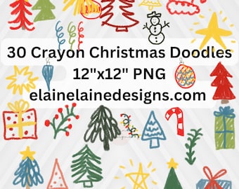 May include: 30 hand-drawn crayon Christmas doodles in a variety of colors, including red, green, yellow, blue, and white. The doodles include Christmas trees, stars, ornaments, presents, candy canes, and more. The doodles are 12 inches by 12 inches and are available as PNG files. The text "30 Crayon Christmas Doodles 12"x12" PNG elainelainedesigns.com" is also included in the image.