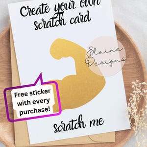 Gold muscles scratch-off card for CrossFit and Hyrox athletes — 5x7 premium cardstock greeting with scratchable gold muscles that reveals a hidden message; customizable top, hidden and bottom phrases; includes envelope and free sticker.