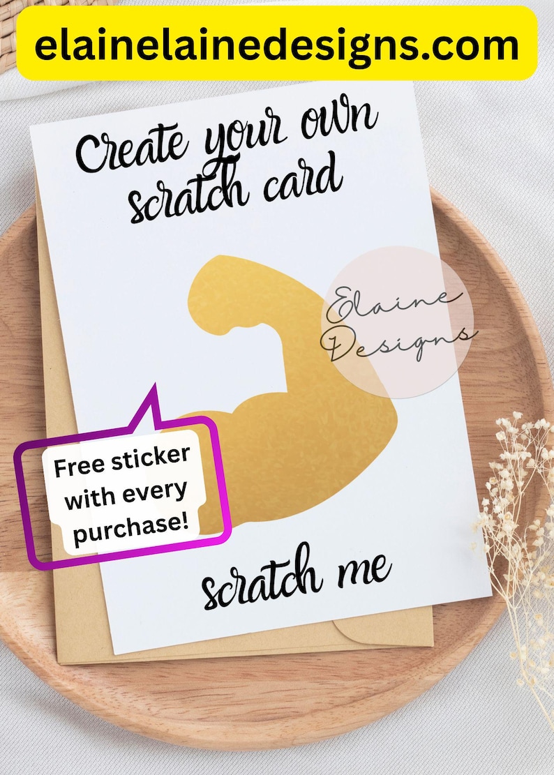 Gold muscles scratch-off card for CrossFit and Hyrox athletes — 5x7 premium cardstock greeting with scratchable gold muscles that reveals a hidden message; customizable top, hidden and bottom phrases; includes envelope and free sticker.