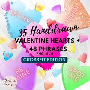 Puede incluir: 35 corazones de San Valentín dibujados a mano y 48 frases en una edición Crossfit. Los corazones son de varios colores y tienen diferentes frases, como "LFT HVY", "WOD WITH ME", "MURPH", "HSPU", "NO OFF DAYS", "CARDIO", "BE MINE", "BURPEES", "RACK WITH ME", "2K ROW", "XOXO", y "SPOT ME".