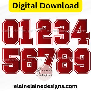 May include: A digital download graphic featuring the numbers 0 through 9 in a bold, collegiate style. The numbers are a deep red with a white outline, set against a white background. The words "Digital Download" are in a yellow banner at the top.