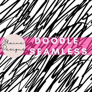 May include: Black and white seamless pattern with a doodle design. The pattern is made up of a series of diagonal lines that are drawn in a freehand style. The text "DOODLE SEAMLESS" is written in white letters on a pink background.