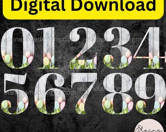 May include: A set of ten digital images featuring the numbers 0 through 9. Each number is white with a wood grain texture and is overlaid with a pattern of pastel colored Easter eggs and green leaves.