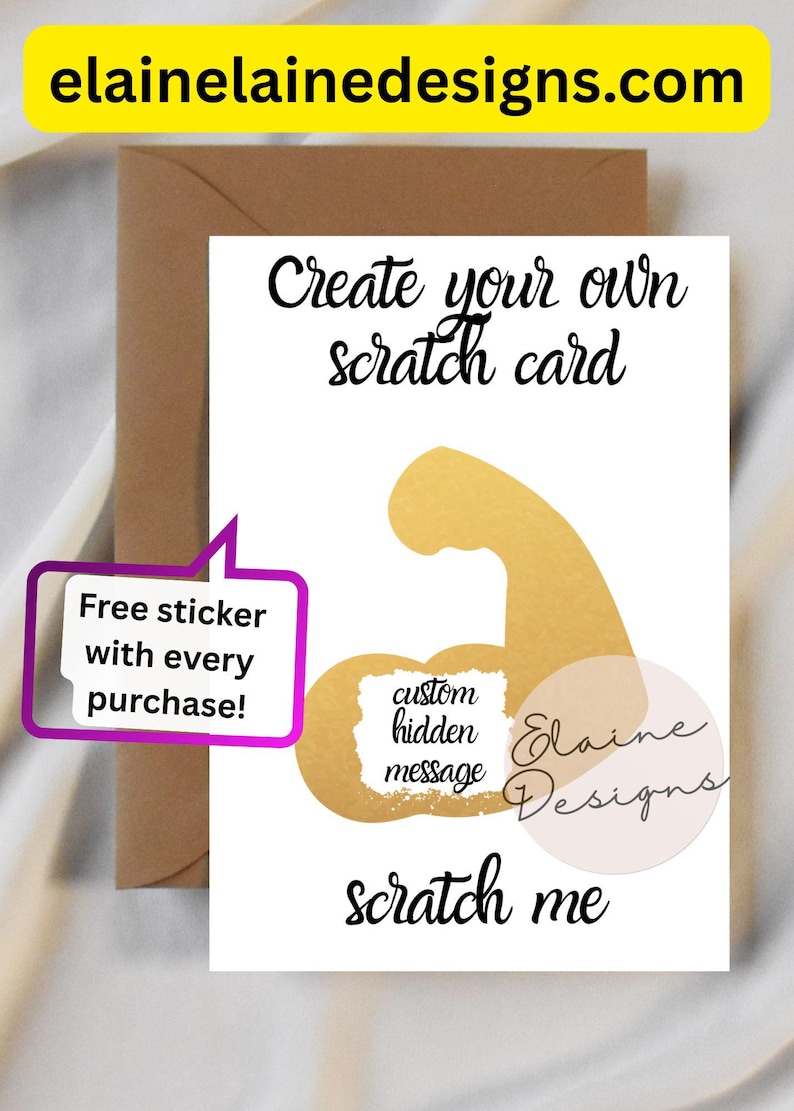 Gold muscles scratch-off card for CrossFit and Hyrox athletes — 5x7 premium cardstock greeting with scratchable gold muscles that reveals a hidden message; customizable top, hidden and bottom phrases; includes envelope and free sticker.