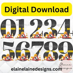 Può includere: Download digitale di dieci numeri da 0 a 9 a tema costruzione stradale, in nero e giallo. Ogni numero ha una superficie stradale a strisce gialle e nere con un operaio edile e un cono di segnalazione.