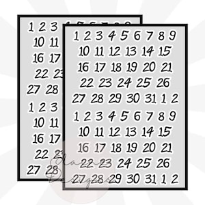 May include: Two rectangular sticker sheets with a light grey background and black borders. Each sheet features rows of black numbers from 1 to 31, representing calendar dates. The text LOVE MY STICKERS and elainelainedesigns.com appear at the top and bottom.