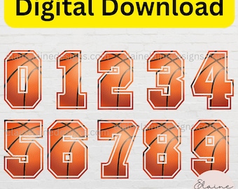May include: Digital download of ten basketball-themed numbers, 0 through 9, in a white outline with an orange basketball texture. The numbers are in a bold, blocky font.