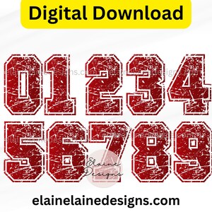 May include: Digital download featuring distressed red numbers 0-9 with white outlines. The numbers have a vintage, worn look. The text "Digital Download" is in a yellow rectangle at the top. The website elainelainedesigns.com is at the bottom.