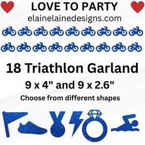 Glitter cardstock triathlon and marathon race garland with endurance sport shapes like running shoes, medals, bikes, swimmers, flags, and lightning bolts. Includes 9 large 4 inch cutouts and 9 small 2.6 inch cutouts with holes punched and string included for DIY assembly.