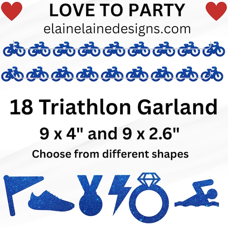Glitter cardstock triathlon and marathon race garland with endurance sport shapes like running shoes, medals, bikes, swimmers, flags, and lightning bolts. Includes 9 large 4 inch cutouts and 9 small 2.6 inch cutouts with holes punched and string included for DIY assembly.
