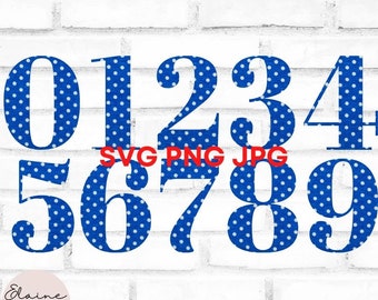 Puede incluir: Un conjunto de números azules con lunares blancos, del cero al nueve, sobre un fondo de pared de ladrillos blancos. Los números son en negrita y estilizados. El texto rojo dice "SVG PNG JPG".