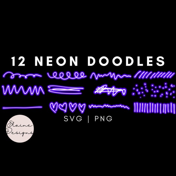 Neon Doodles Neon Lines Handdrawn doodles scribbles squiggles dots Glowing doodles glow art glow digital art Purple Neon Clipart Set 1