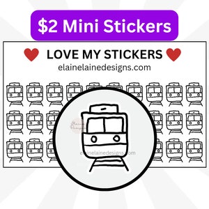 Könnte beinhalten: Ein Bogen mit 20 Mini-Stickern, die eine Schwarzweiß-Illustration eines Zuges zeigen. Die Sticker sind in einem Raster angeordnet. Der Text "LOVE MY STICKERS" und "elainelainedesigns.com" ist auf dem Bogen gedruckt.