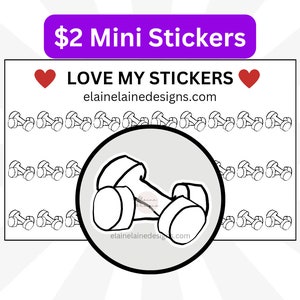 Puede incluir: Hoja de mini pegatinas con ilustraciones de pesas. La hoja incluye el texto "LOVE MY STICKERS" y el sitio web elainelainedesigns.com. Una pancarta morada en la parte superior dice "$2 Mini Stickers".