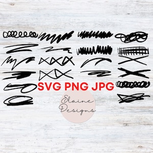 May include: A set of 16 black and white hand-drawn doodle lines and shapes. The doodles are on a white wood background. The text "SVG PNG JPG" and "Elaine Designs" is in red text on a white circle.