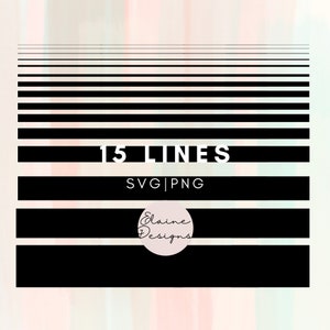 May include: A digital download of 15 black lines in a horizontal pattern. The text "15 LINES" and "SVG|PNG" is in white on a black background. The text "Elaine Designs" is in black on a pink circle.