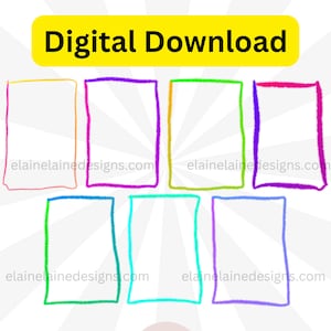 May include: Digital download graphic with six colourful outlined boxes. The boxes are in the colours orange, purple, green, pink, blue, and purple. The text "Digital Download" is in a yellow banner at the top of the image. The text "elainelainedesigns.com" is at the bottom of each box.