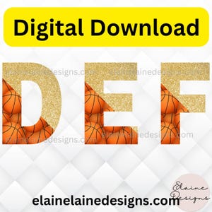 Basketball Letters | Basketball Gold Glitter Letters D E F | Printable Sports Alphabet Decor | PNG | Basketball | Letters Clipart | set 10