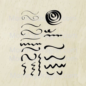 May include: A collection of black hand-drawn swirly lines and shapes on a beige background. The shapes are various sizes and styles, including wavy lines, squiggly lines, and swirls.