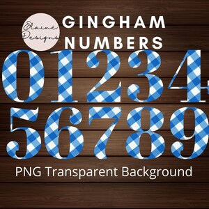 Puede incluir: Diseño digital con los números del 0 al 9, cada uno relleno con un patrón de cuadros azul y blanco. También están presentes las palabras "Gingham Numbers" y "PNG Transparent Background". El fondo es una textura de madera oscura.