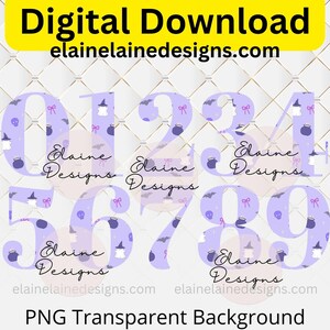 Pode incluir: Download digital com números de 0 a 9 em lilás claro, decorados com ilustrações temáticas de Halloween. Os números têm fundo transparente e incluem o texto "elainelainedesigns.com".