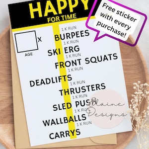 Carte d'anniversaire Hyrox, joyeux anniversaire, joyeux anniversaire Hyrox, anniversaire Crossfit, cartes Crossfit, course de 1 km, poussée de traîneau, cartes Hyrox, EED-CARDS-18