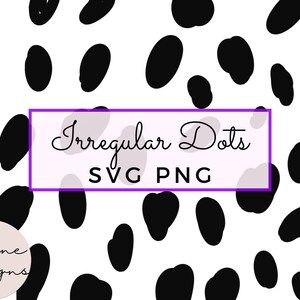 Op de afbeelding: Zwart-wit patroon met onregelmatige stippen, naadloze herhaling. Digitaal download voor knutsel- en designprojecten. Onregelmatige stippen SVG PNG.
