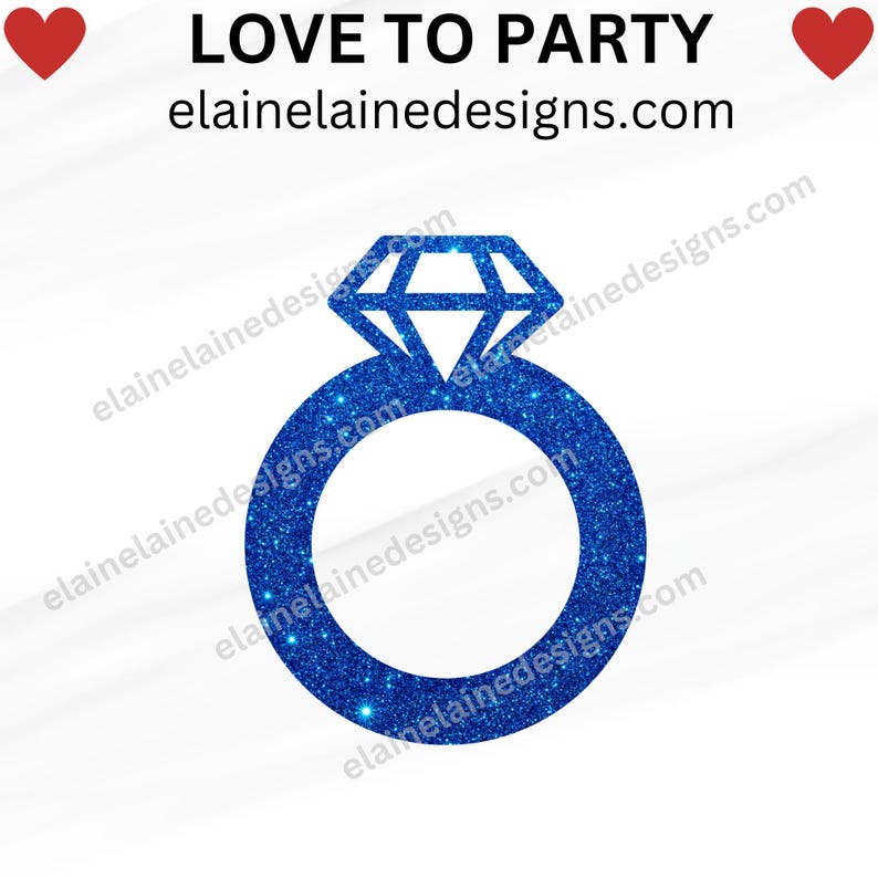 K&ouml;nnte beinhalten: Grafik eines blauen Glitzer-Verlobungsrings mit rautenf&ouml;rmiger Spitze. &Uuml;ber dem Ring steht der Schriftzug "LOVE TO PARTY", darunter die Website elainedesigns.com. Rote Herzen befinden sich auf beiden Seiten des Textes.