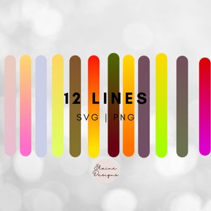 May include: Twelve colorful lines in various shades of pink, yellow, green, orange, brown, and red. The text "12 LINES" and "SVG | PNG" is below the lines. The text "Elaine Designs" is below the text.