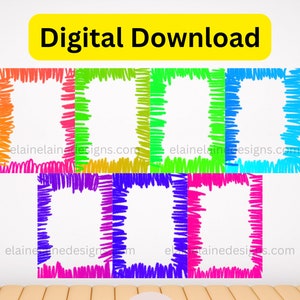 May include: Six colourful digital frames with a scribbled border. The frames are in orange, yellow, green, blue, pink, and purple. The text "Elaine Designs" is at the bottom of the image.