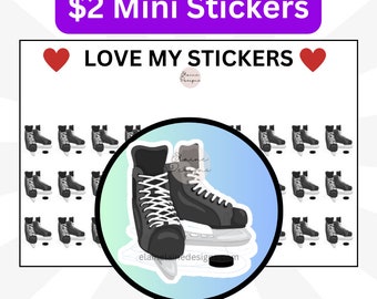 May include: Mini stickers featuring a pair of black and white ice skates with white laces and a hockey puck. The design is surrounded by smaller ice skate illustrations and the text "LOVE MY STICKERS".