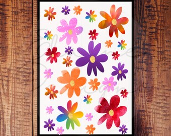 May include: A digital illustration of a white background with a pattern of colorful watercolor flowers. The flowers are in shades of red, orange, yellow, green, blue, purple, and pink. The flowers have gold glitter accents.