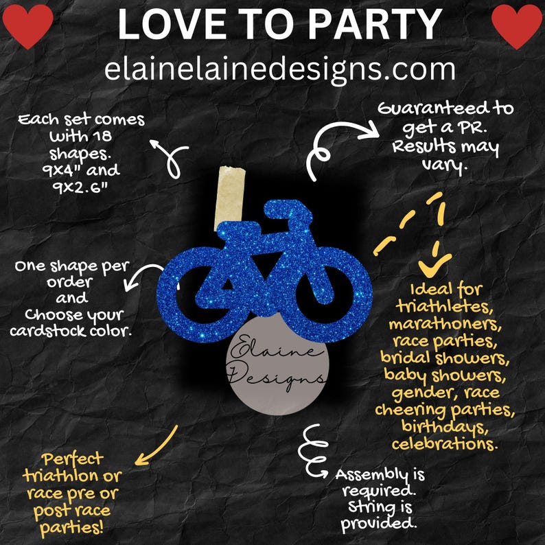 K&ouml;nnte beinhalten: Blaue, glitzernde Fahrrad-Partydekoration. Der Text auf dem Bild lautet "LOVE TO PARTY" und "elainelainedesigns.com". Jedes Set enth&auml;lt 18 Formen, 22,9 cm x 10,2 cm und 22,9 cm x 6,6 cm. Perfekt f&uuml;r Rennpartys.